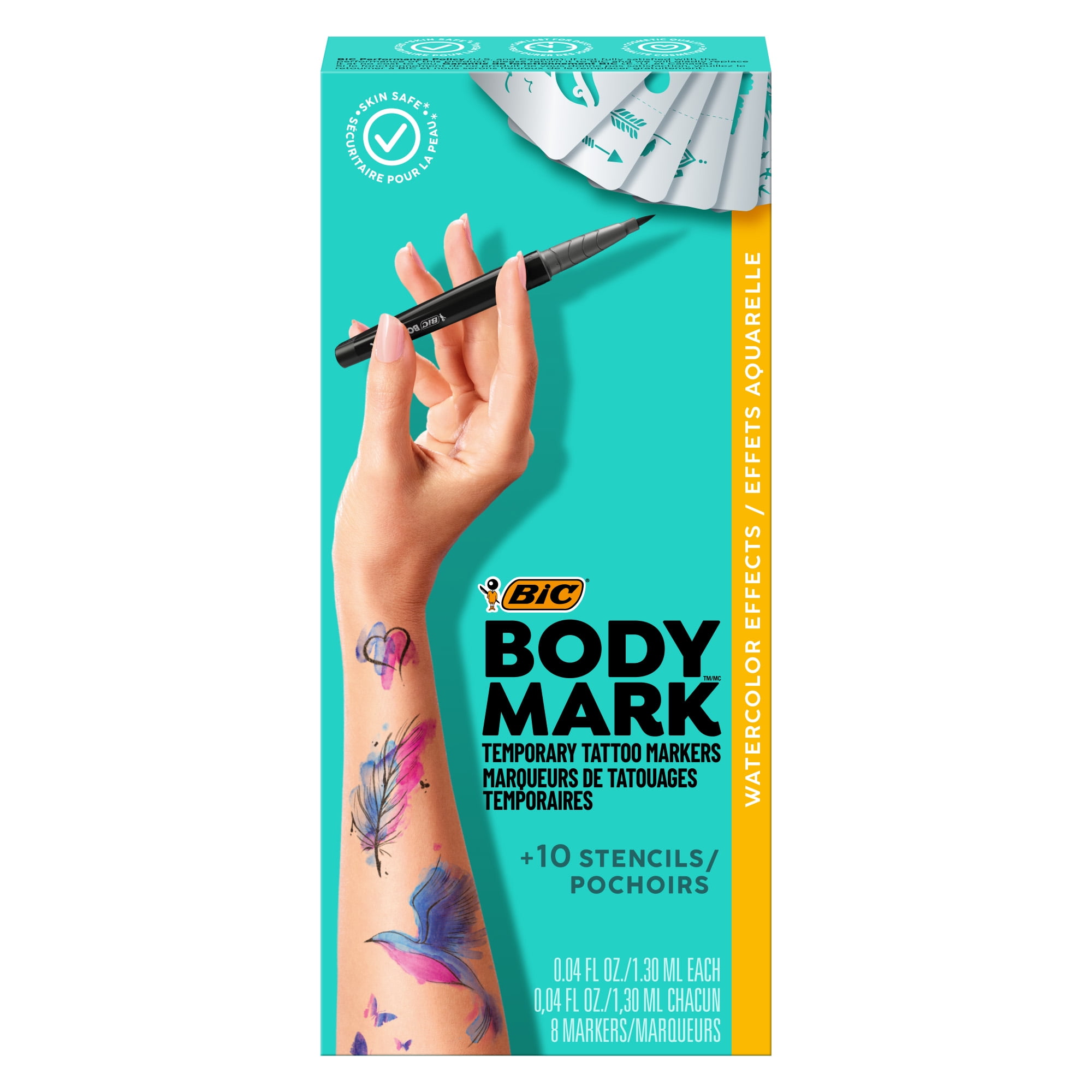 BODYMARK, Temporary Tattoo Marker, Watercolor Inspiration, Skin Safe, Brush  Tip, Assorted Colors, 8-Pack with Stencils 