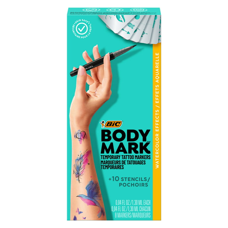 Bic BodyMark, Temporary Tattoo Marker, Watercolor Inspiration, Skin Safe, Brush Tip, Assorted Colors, 8-Pack with Stencils, Women's, Pink