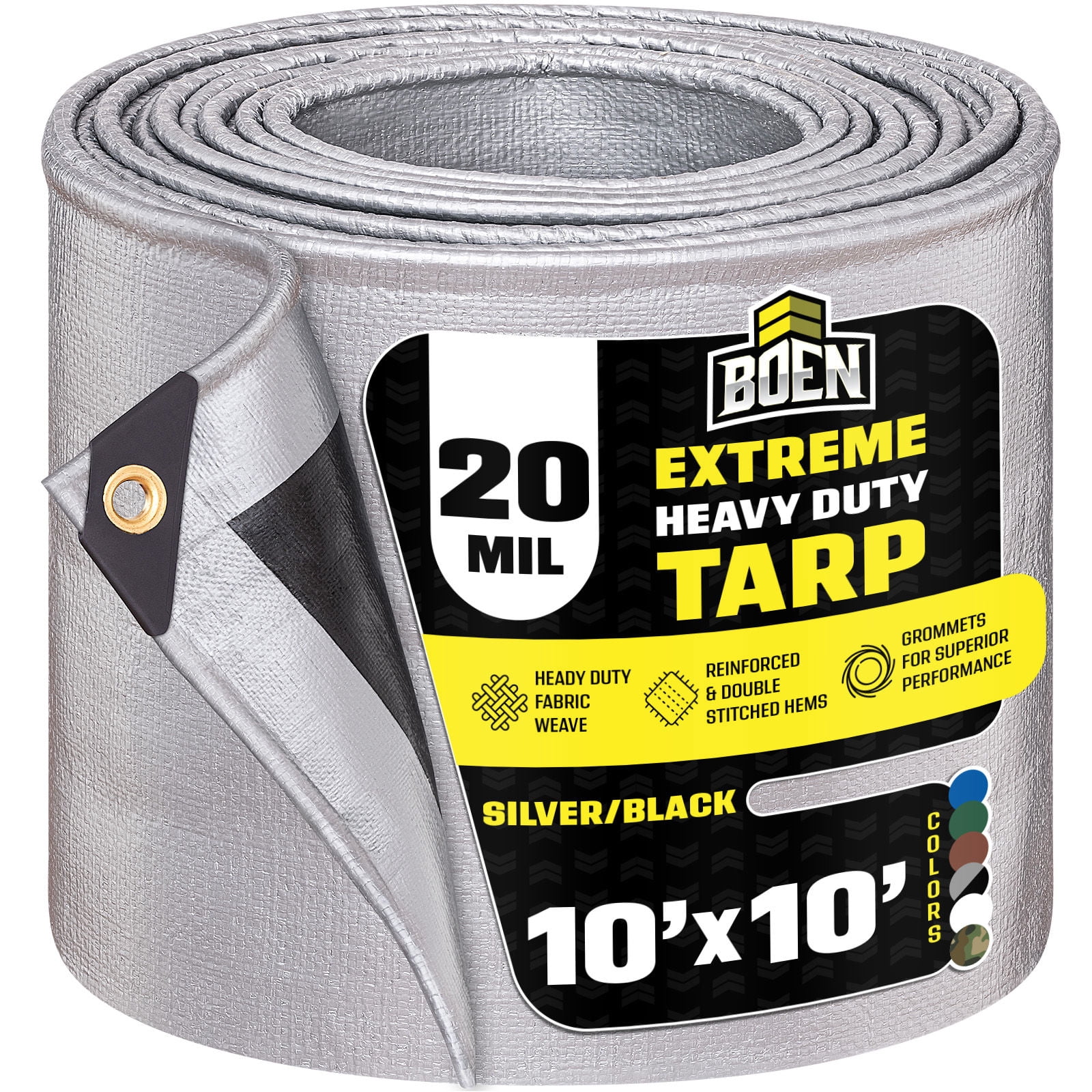 BOEN 10 x 10 ft 20 Mil Waterproof Tarp, Extreme Heavy Duty Silver/Black Cover