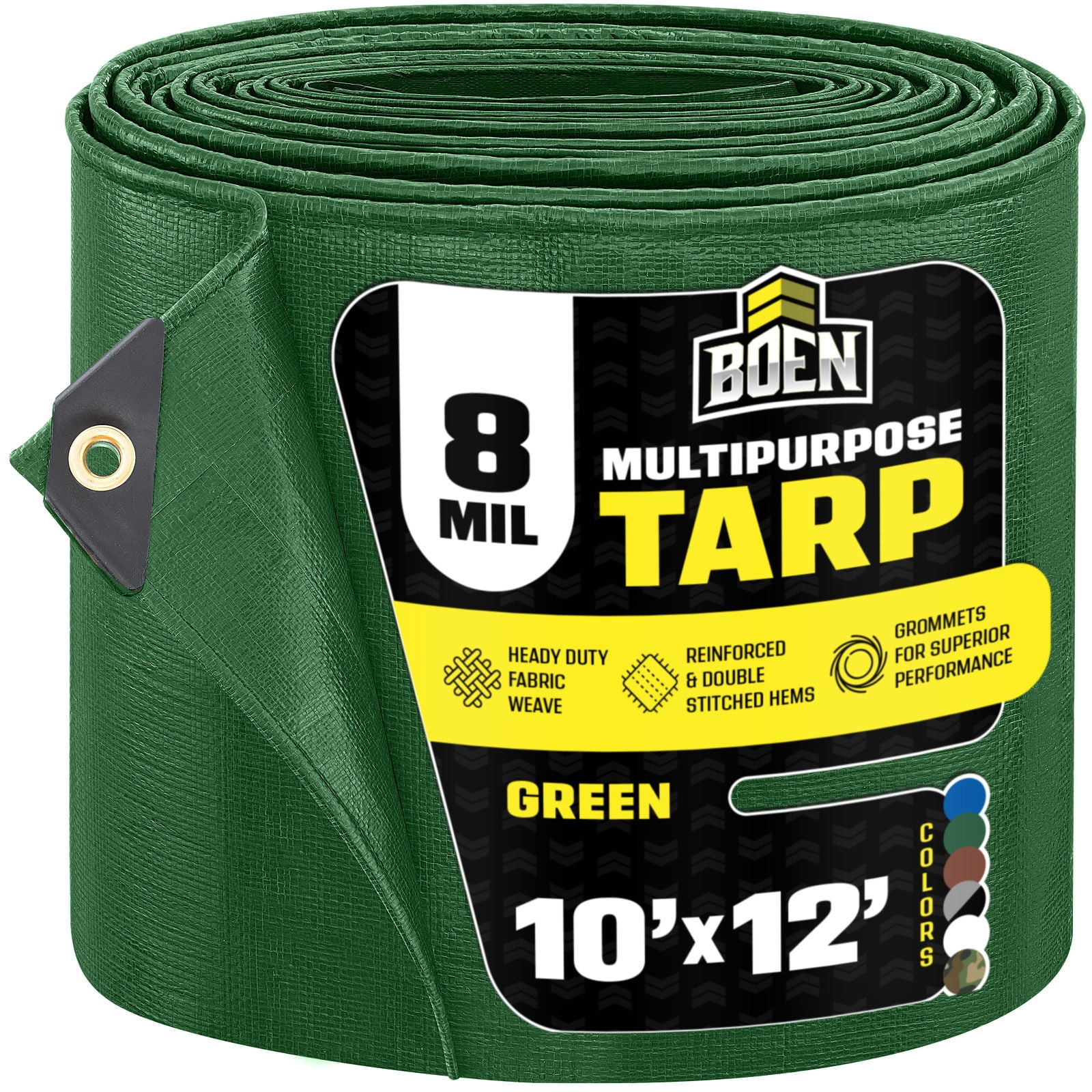 BOEN 10 x 12 ft 8 Mil Green Tarp, Medium Duty Waterproof Tarp