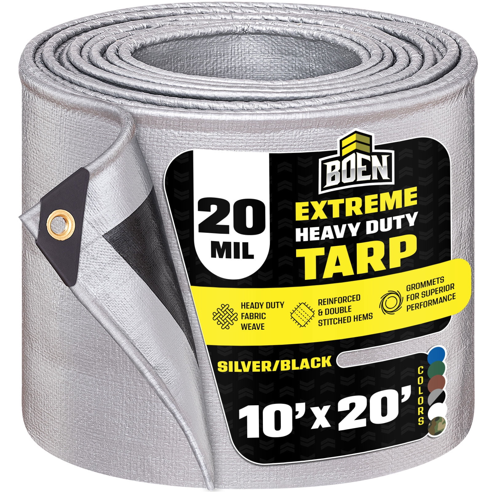 BOEN 10 x 20 ft 20 Mil Waterproof Tarp, Extreme Heavy Duty Silver/Black Cover