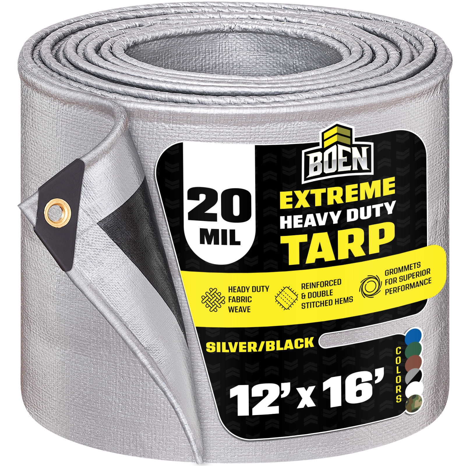 BOEN 12 x 16 ft 20 Mil Waterproof Tarp, Extreme Heavy Duty Silver/Black Cover