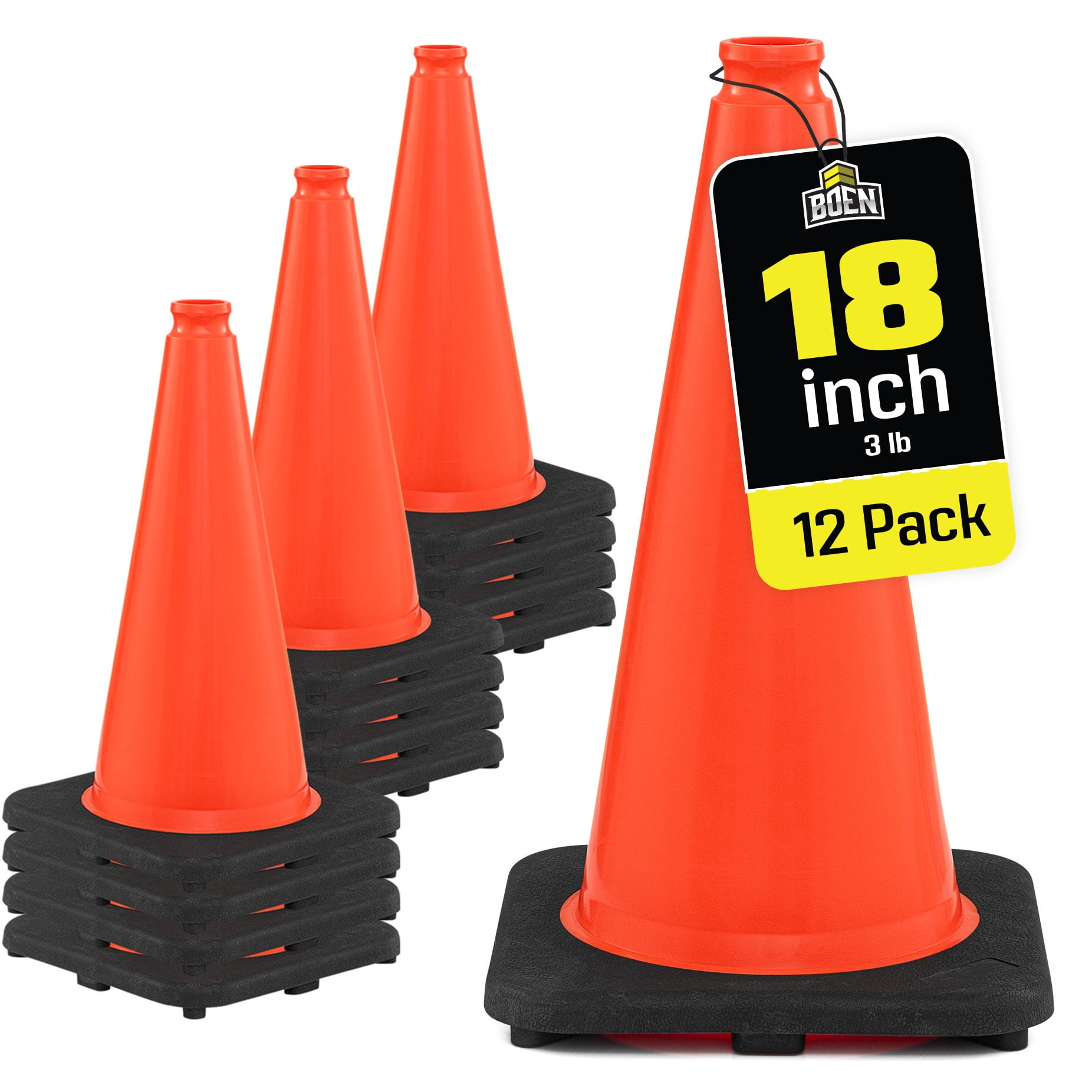 BOEN 18 in Orange Non-Reflective Traffic Cones for Parking Safety, 12 Pack