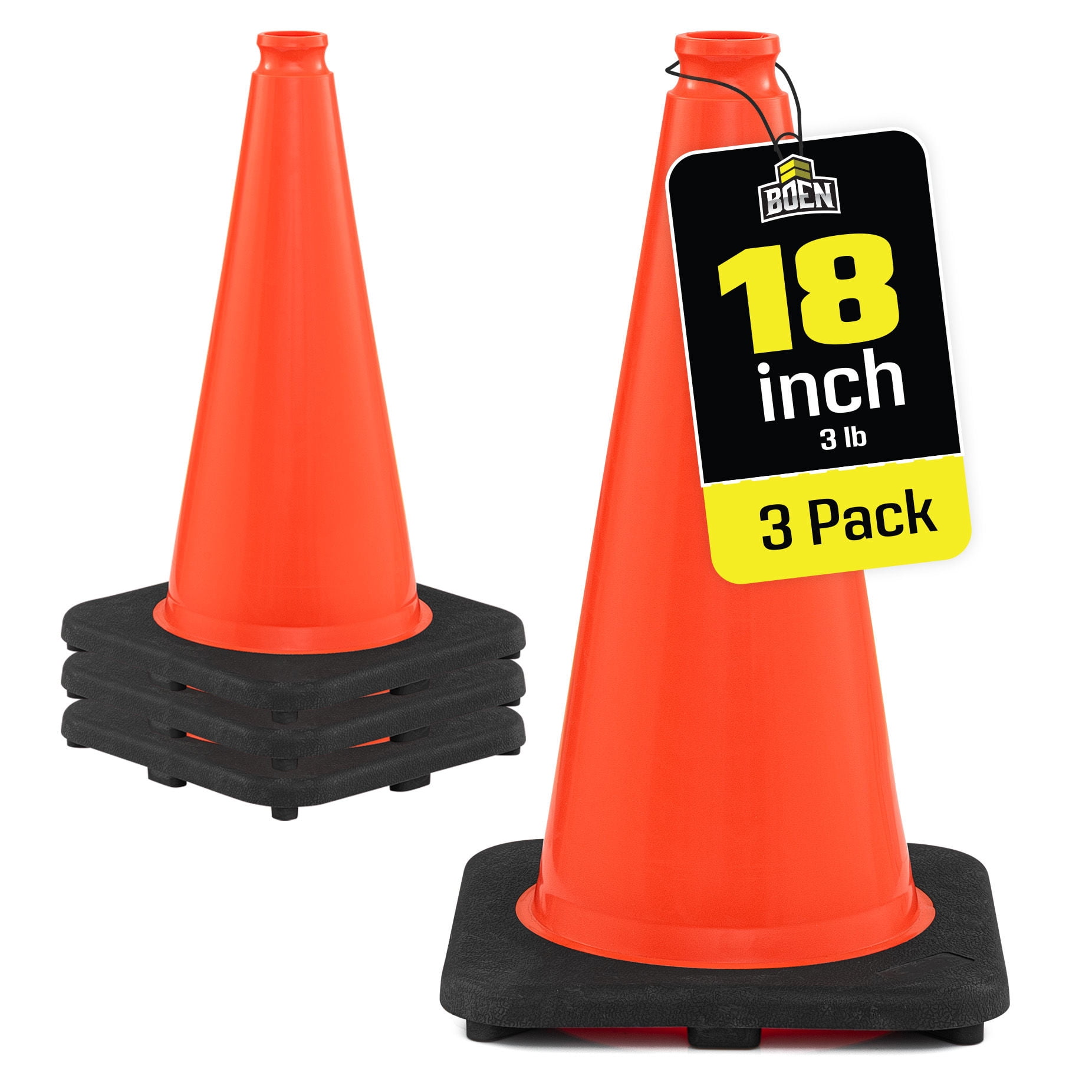 BOEN 18 in Orange Non-Reflective Traffic Cones for Parking Safety, 3 Pack