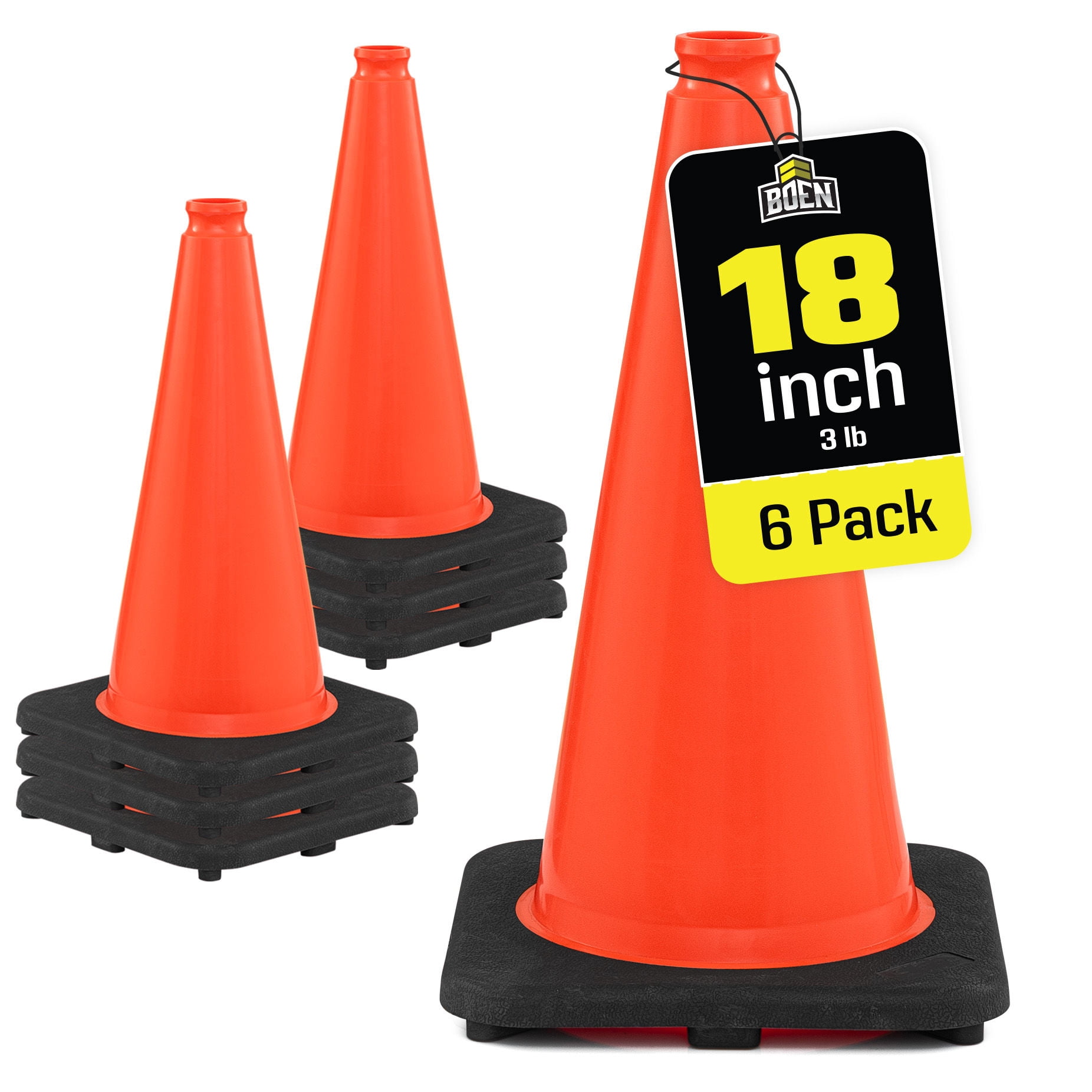 BOEN 18 in Orange Non-Reflective Traffic Cones for Parking Safety, 6 Pack