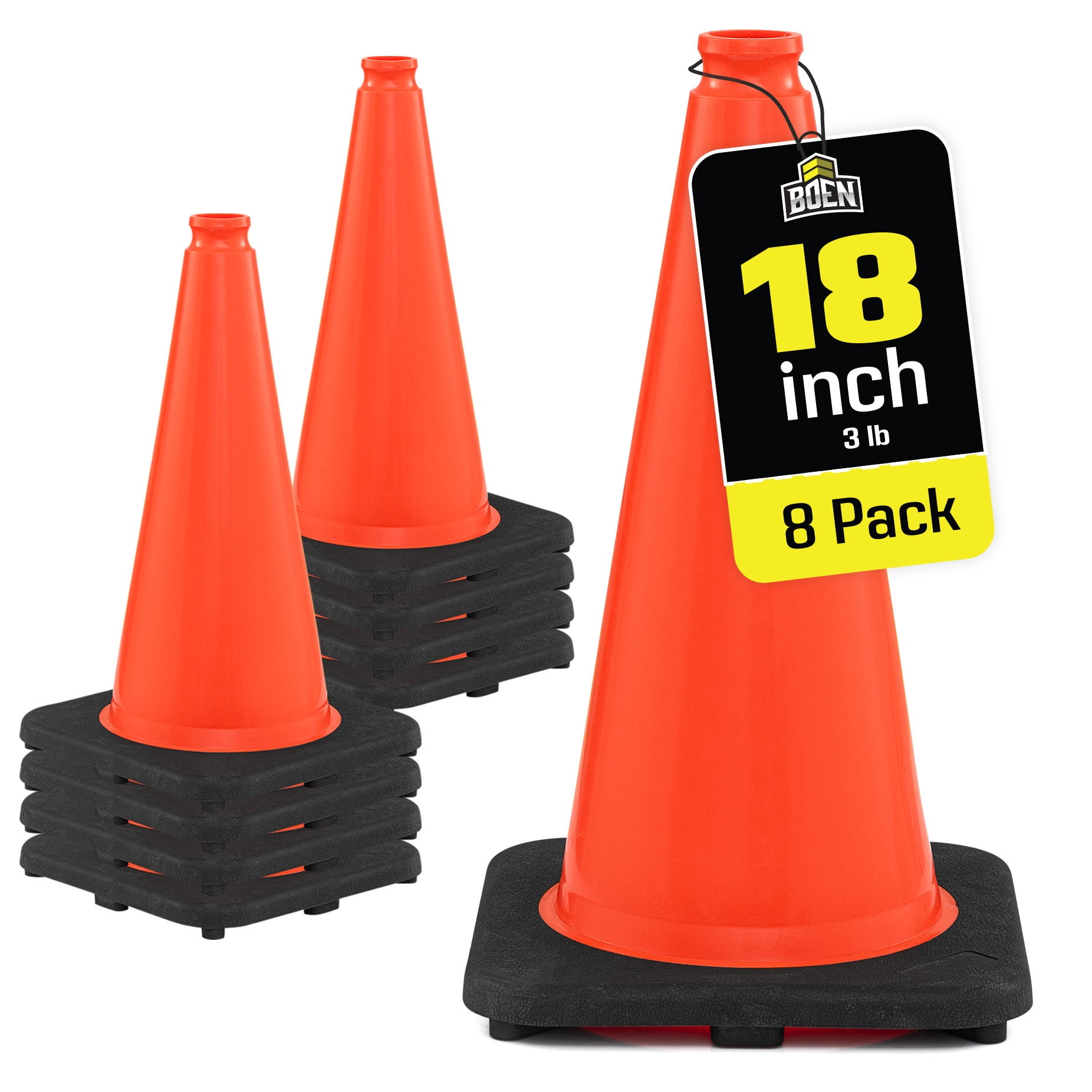 BOEN 18 in Orange Non-Reflective Traffic Cones for Parking Safety, 8 Pack