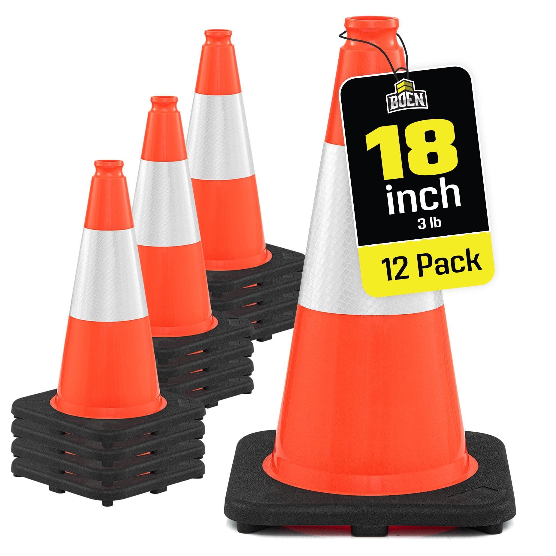 BOEN 18 in Orange Reflective Traffic Cones for Parking Safety, 12 Pack