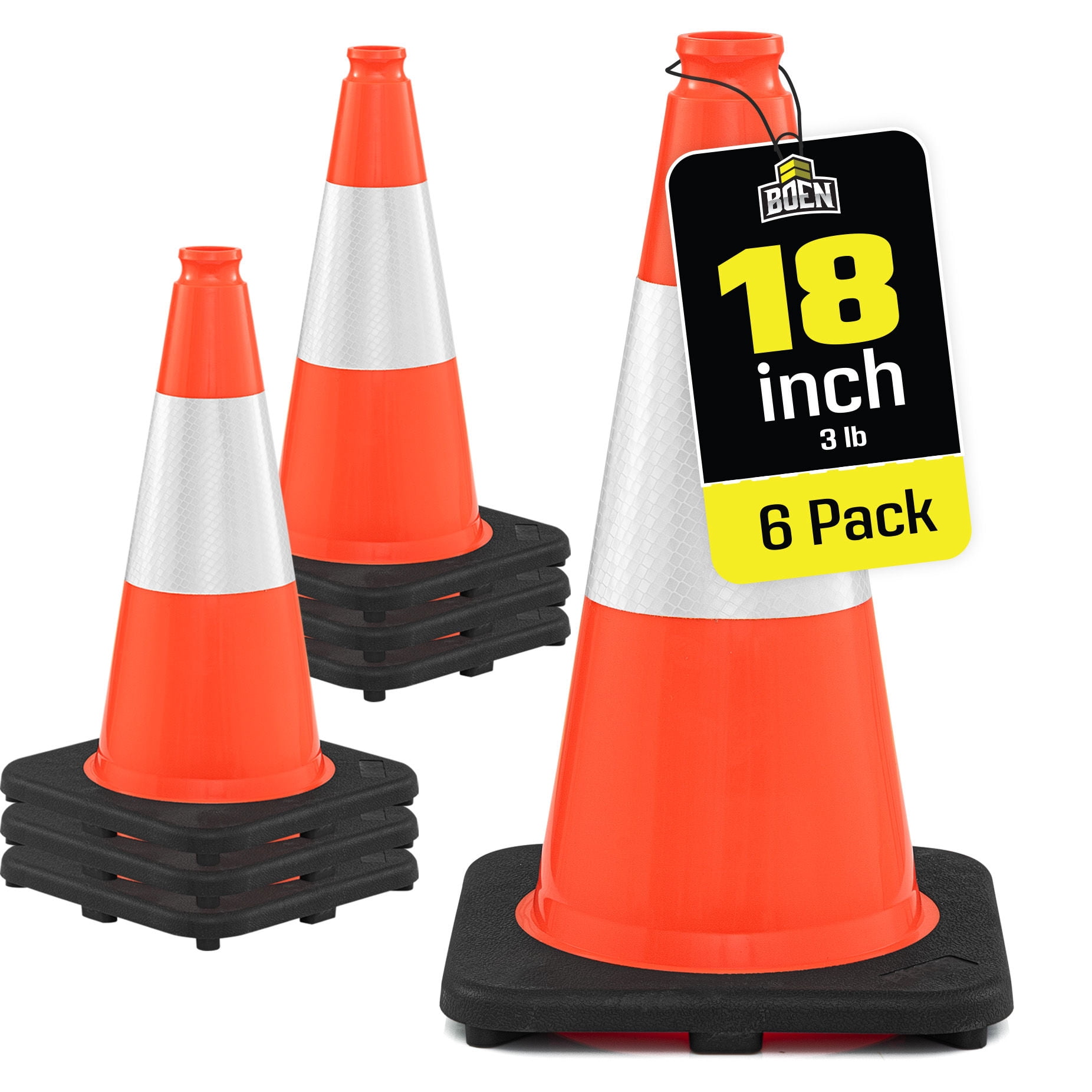 BOEN 18 in Orange Reflective Traffic Cones for Parking Safety, 6 Pack
