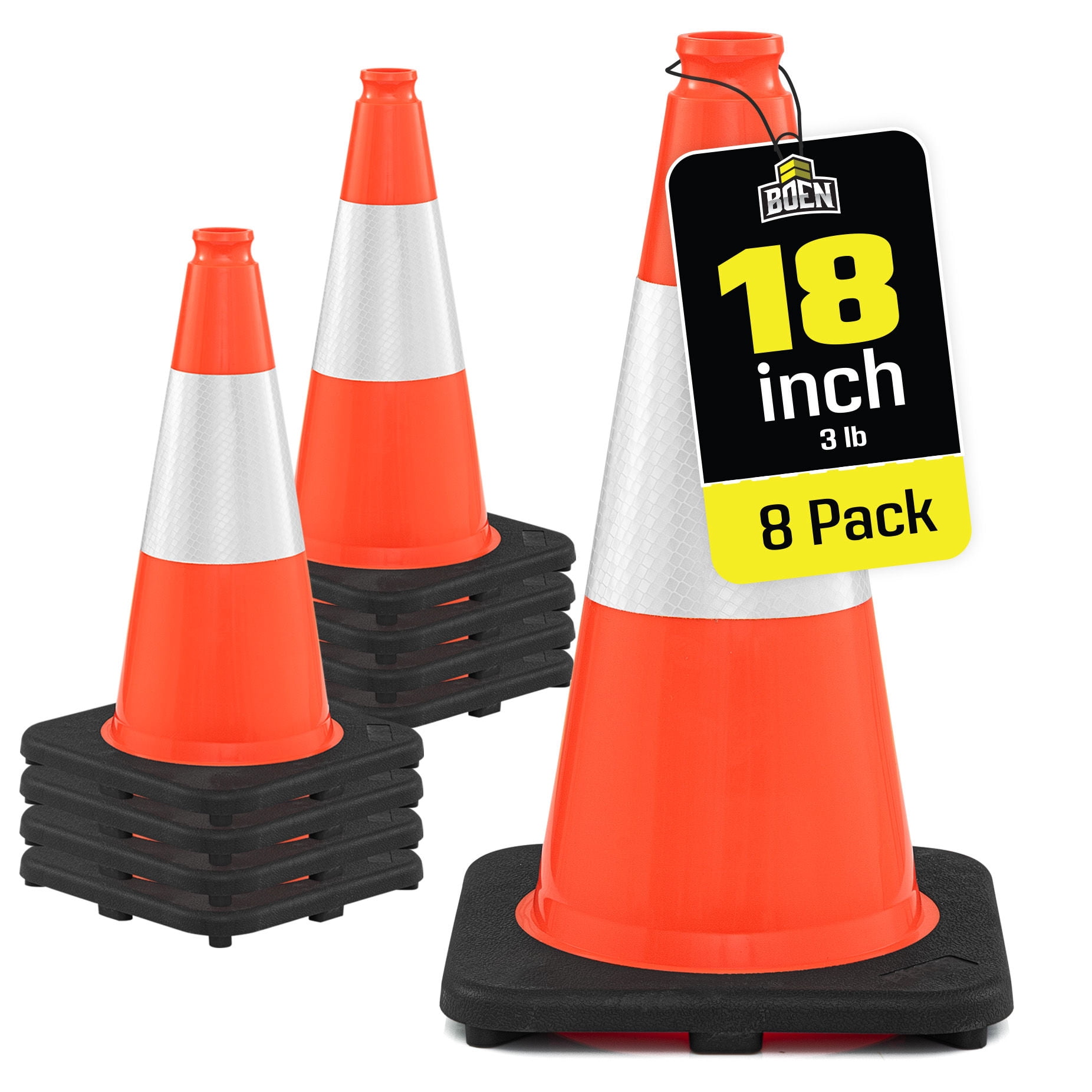 BOEN 18 in Orange Reflective Traffic Cones for Parking Safety, 8 Pack