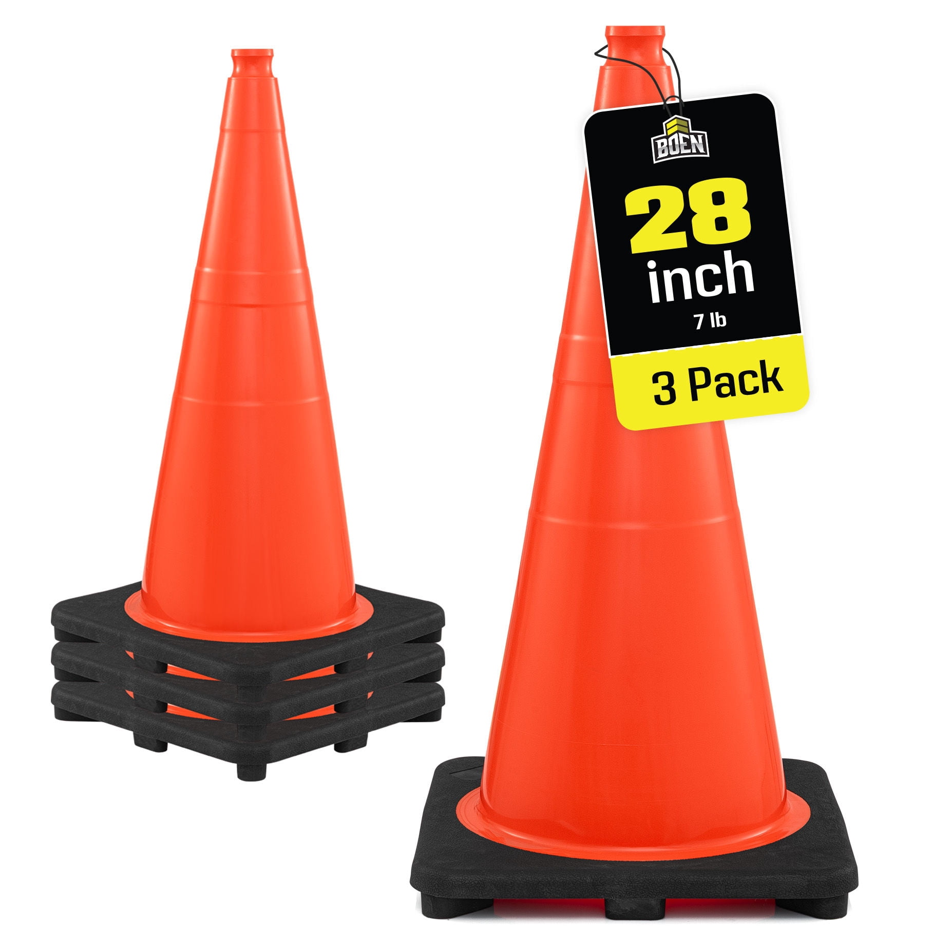 BOEN 28 in Orange Non-Reflective Traffic Cones, 7 lb Work Zone Safety, 3 Pack