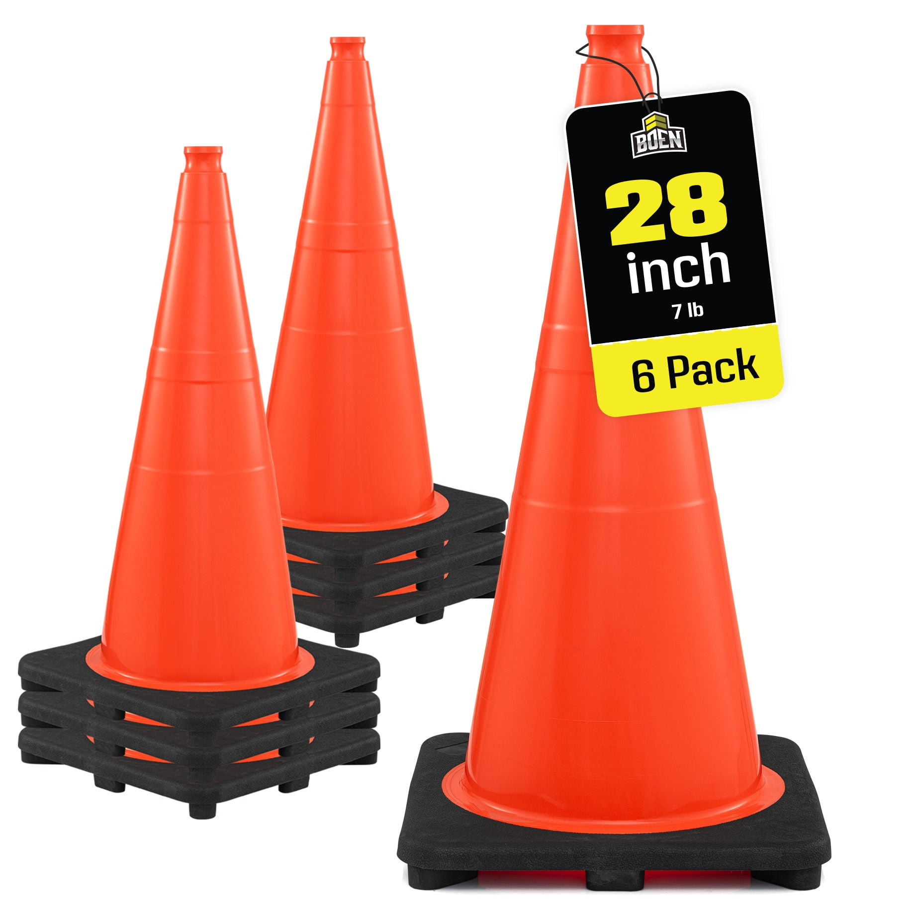 BOEN 28 in Orange Non-Reflective Traffic Cones, 7 lb Work Zone Safety, 6 Pack