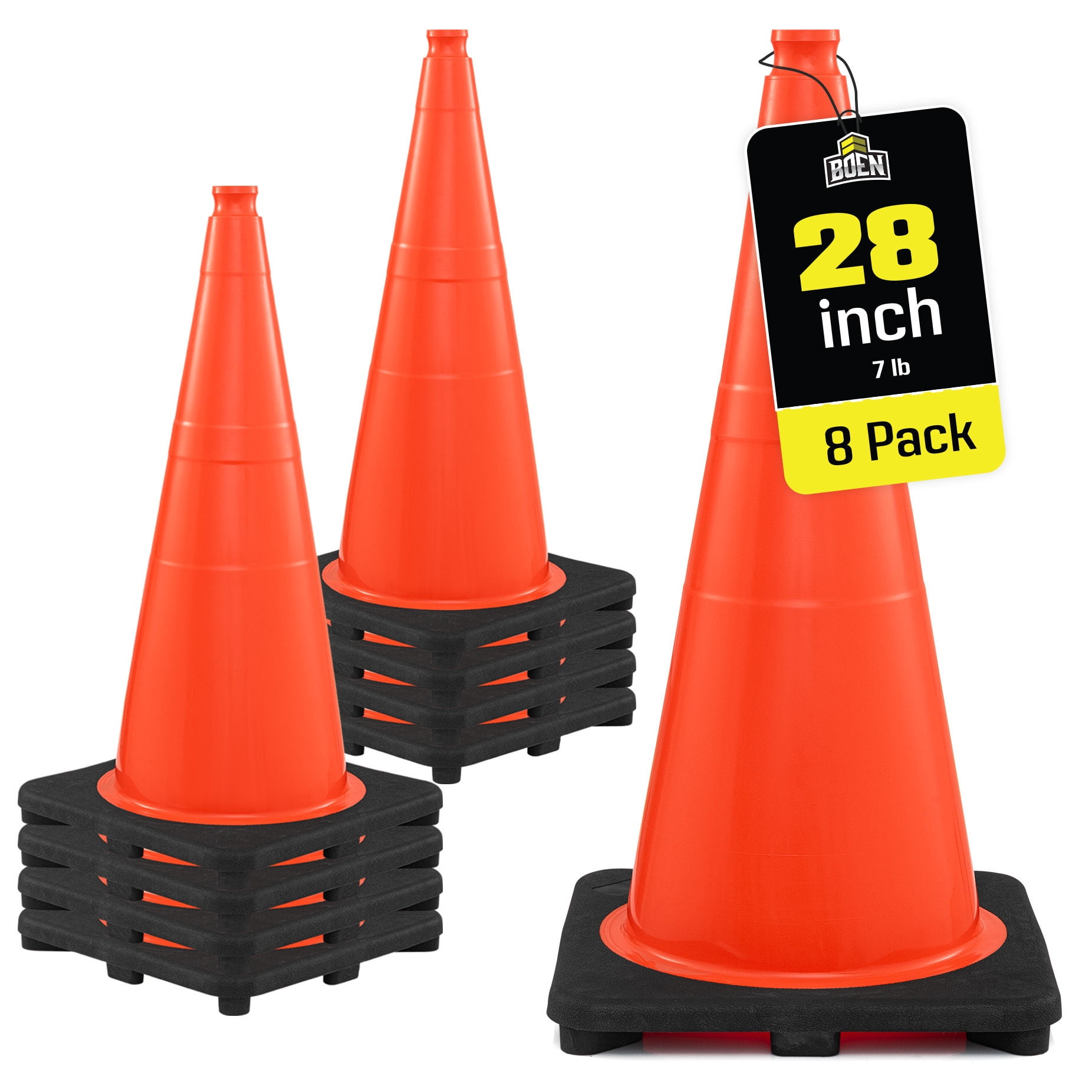 BOEN 28 in Orange Non-Reflective Traffic Cones, 7 lb Work Zone Safety, 8 Pack