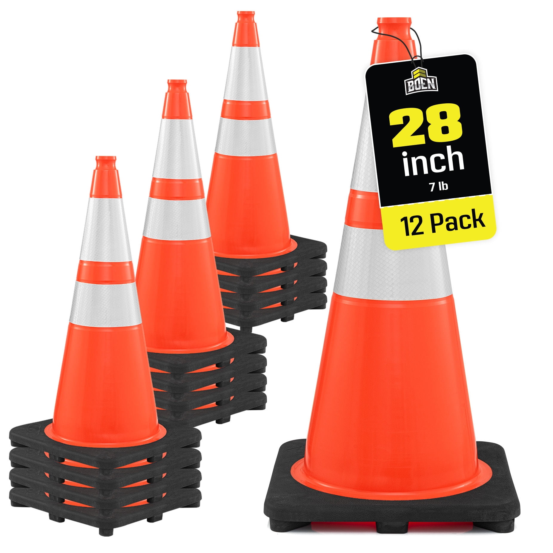 BOEN 28 in Orange Reflective Traffic Cones, 7 lb DOT MUTCD Road Safety, 12 Pack