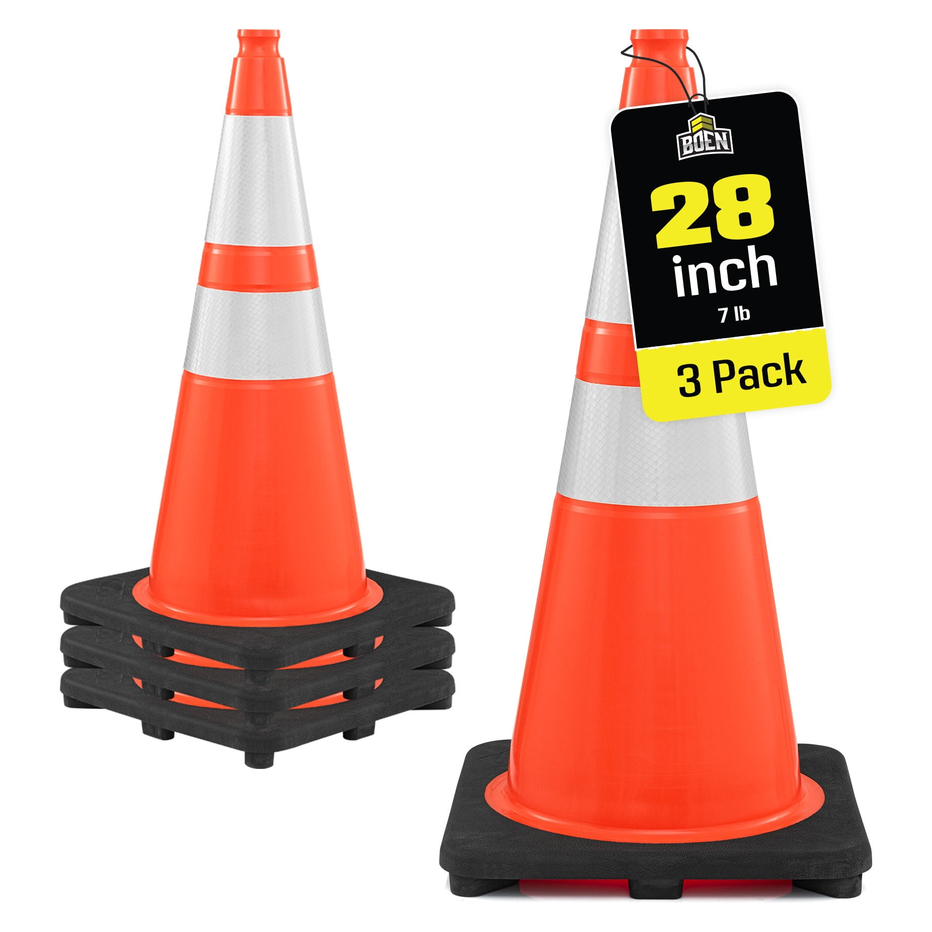 BOEN 28 in Orange Reflective Traffic Cones, 7 lb DOT MUTCD Road Safety, 3 Pack