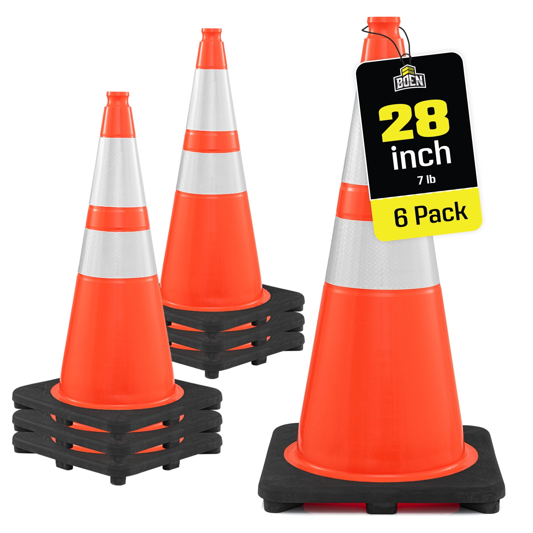 BOEN 28 in Orange Reflective Traffic Cones, 7 lb DOT MUTCD Road Safety, 6 Pack