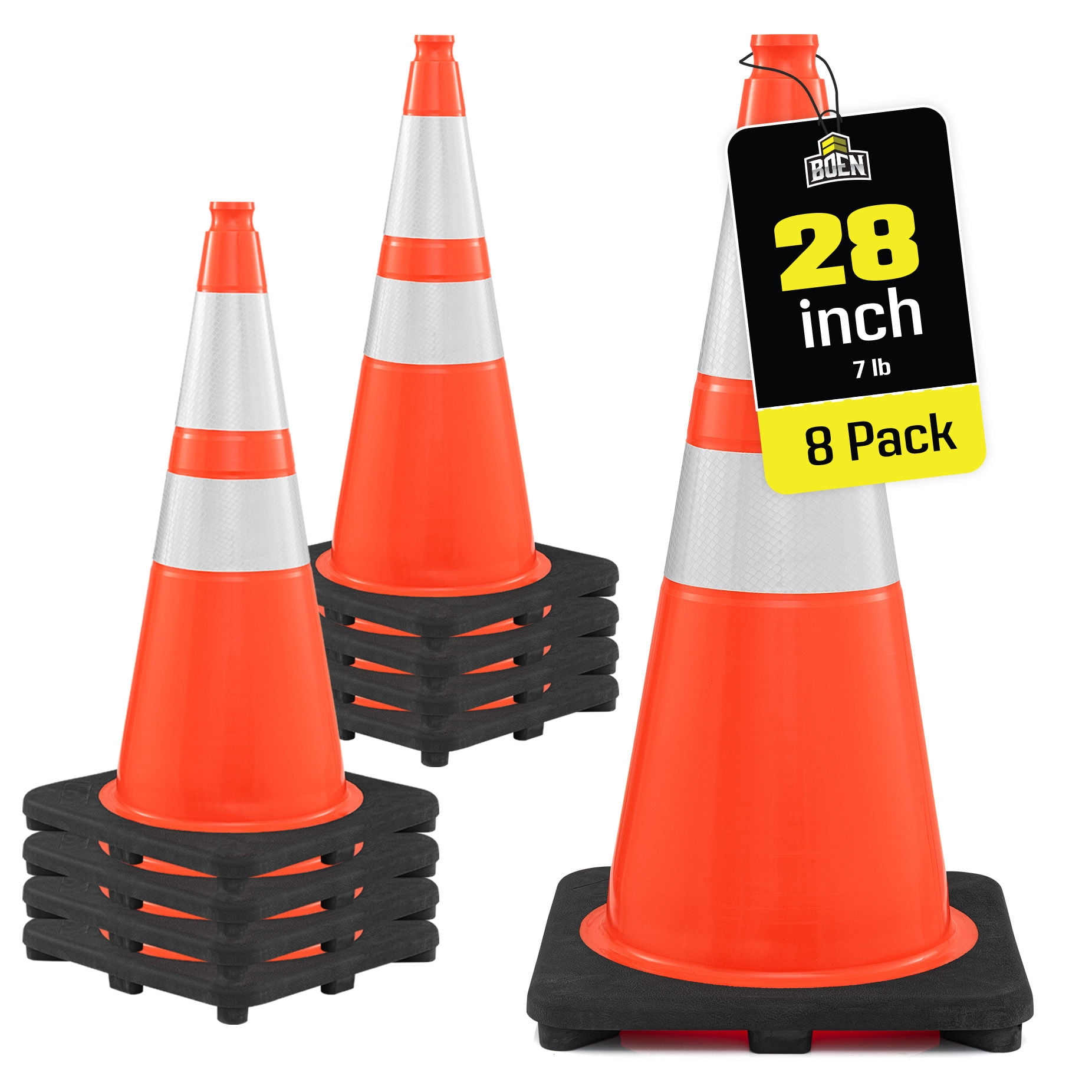 BOEN 28 in Orange Reflective Traffic Cones, 7 lb DOT MUTCD Road Safety, 8 Pack
