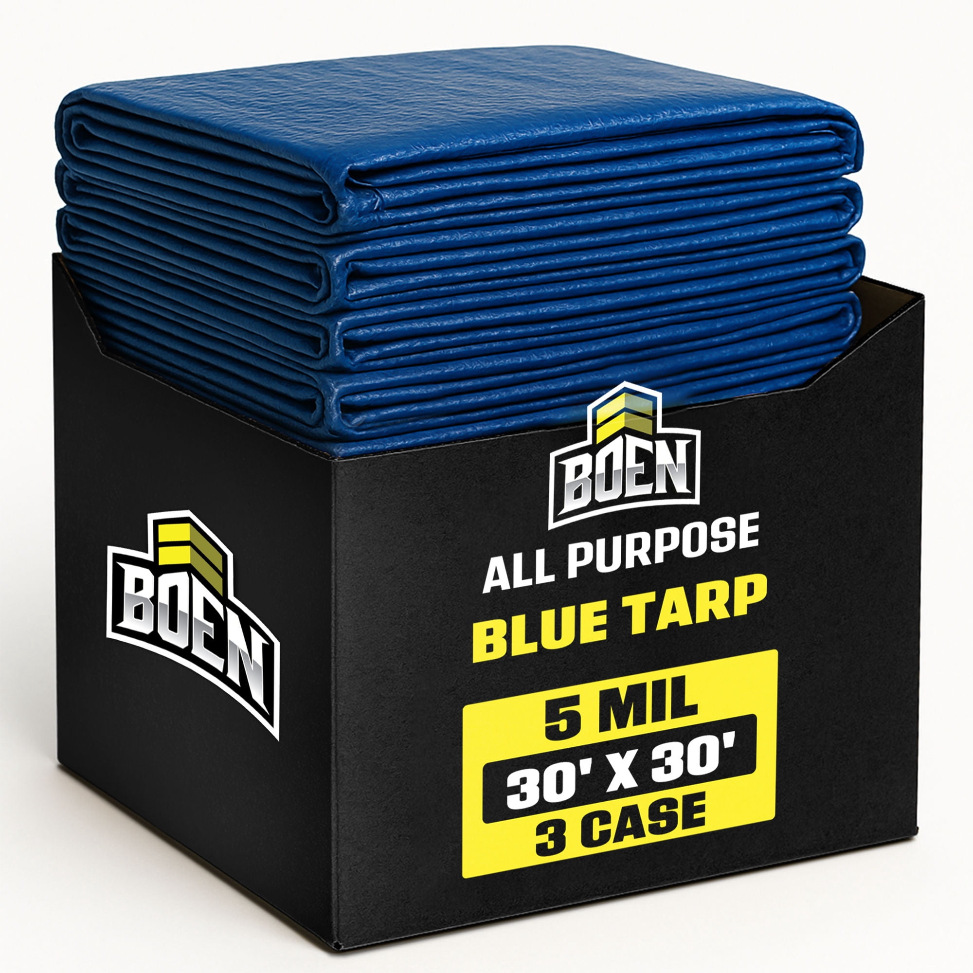 BOEN 30 x 30 ft 5 Mil Blue Waterproof Tarps, 3-Pack Case, Bulk Poly Covers