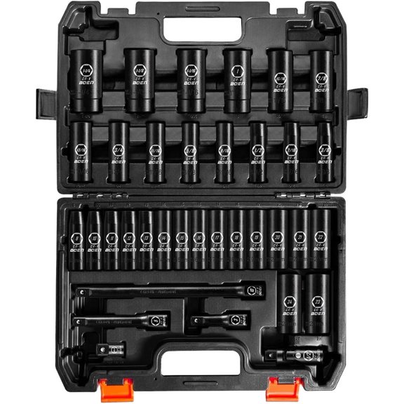 BOEN 35-Piece 1/2" Drive Deep Impact Socket Set - SAE 3/8"-1-1/4" & Metric 8-24mm, Extensions, Joint & Adapter, Cr-V Steel, Double Lock Case