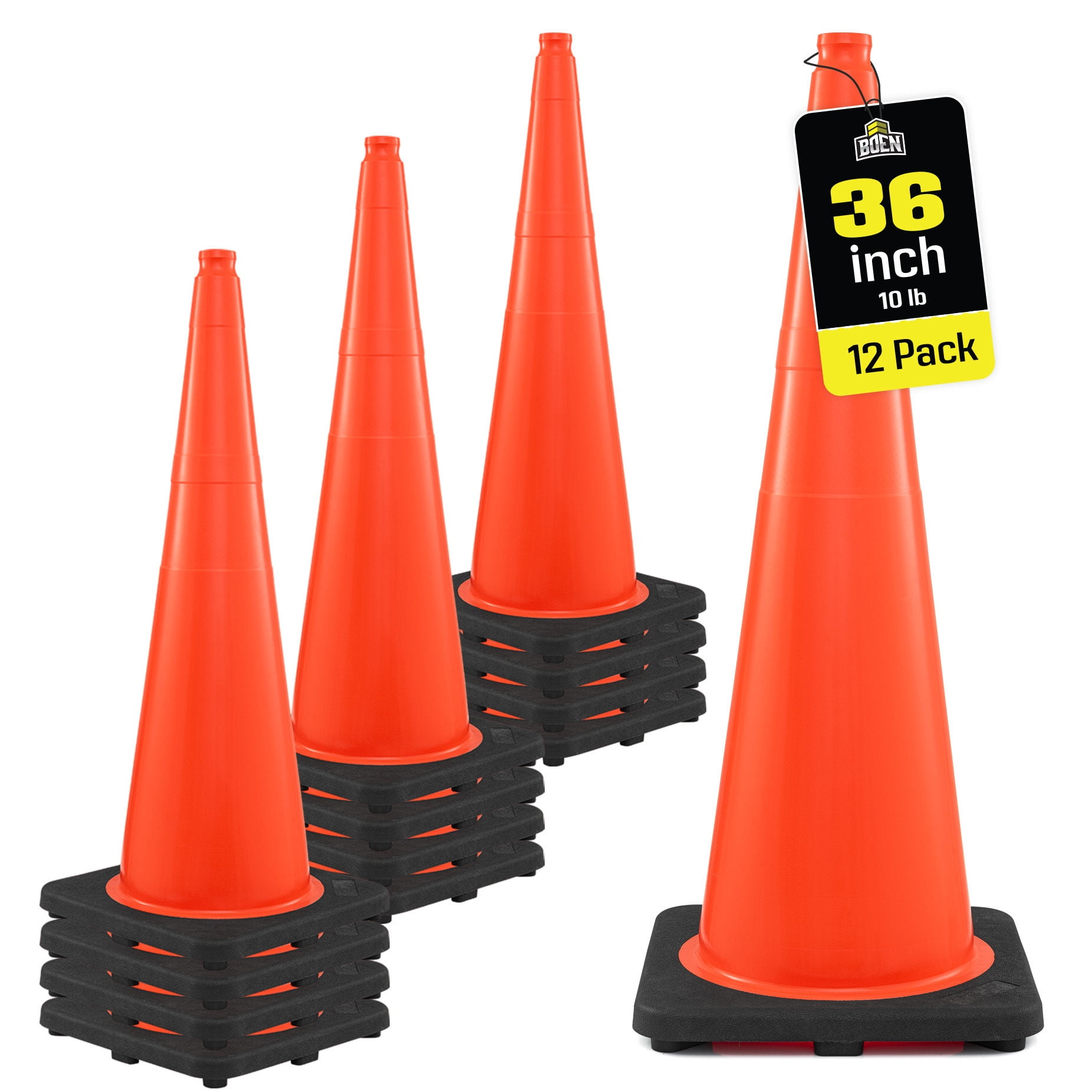 BOEN 36 in Orange Non-Reflective Traffic Cones, 10 lb Work Zone Safety, 12 Pack