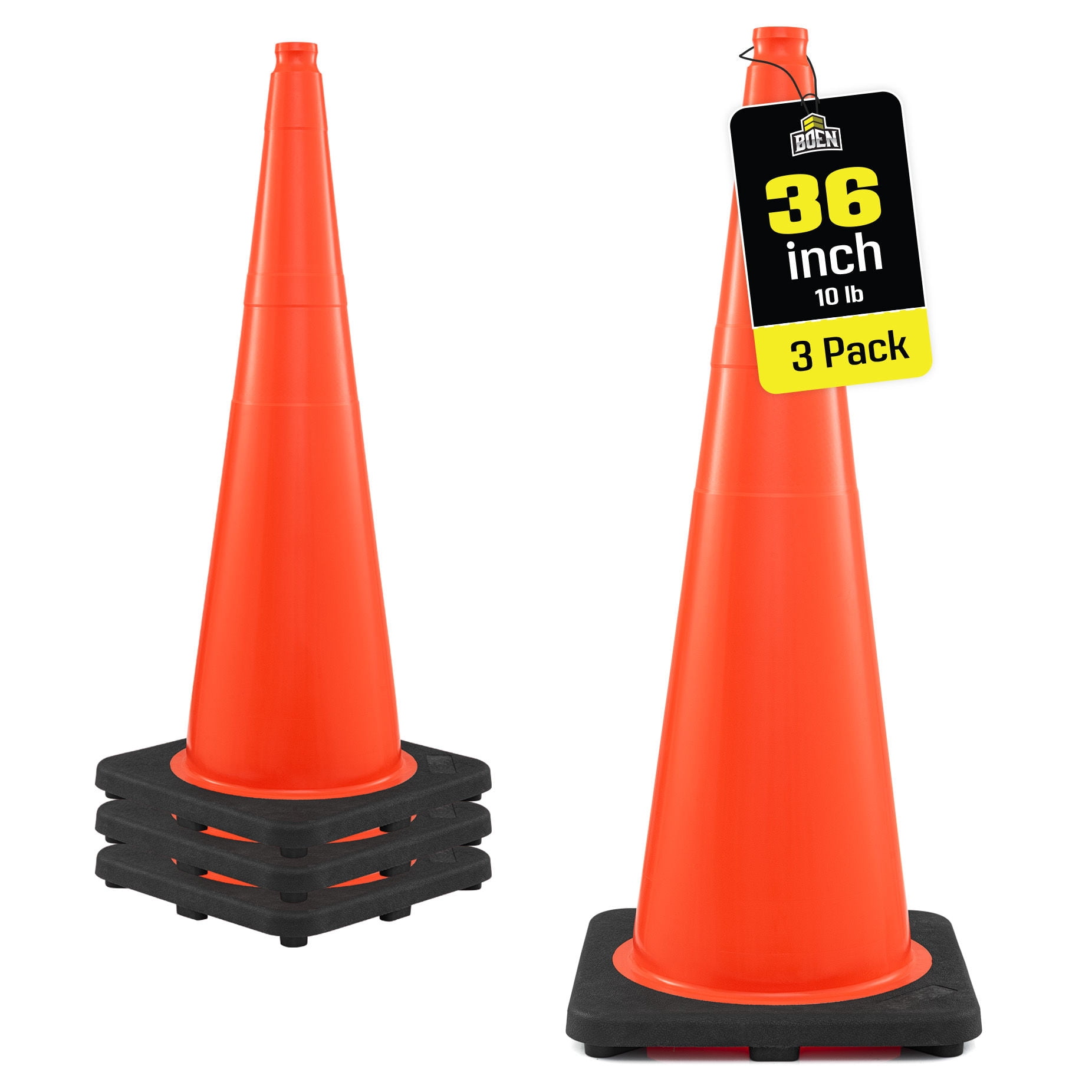 BOEN 36 in Orange Non-Reflective Traffic Cones, 10 lb Work Zone Safety, 3 Pack