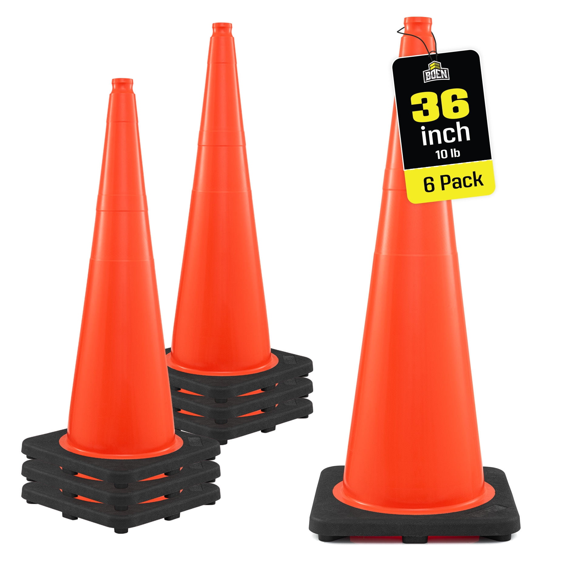 BOEN 36 in Orange Non-Reflective Traffic Cones, 10 lb Work Zone Safety, 6 Pack
