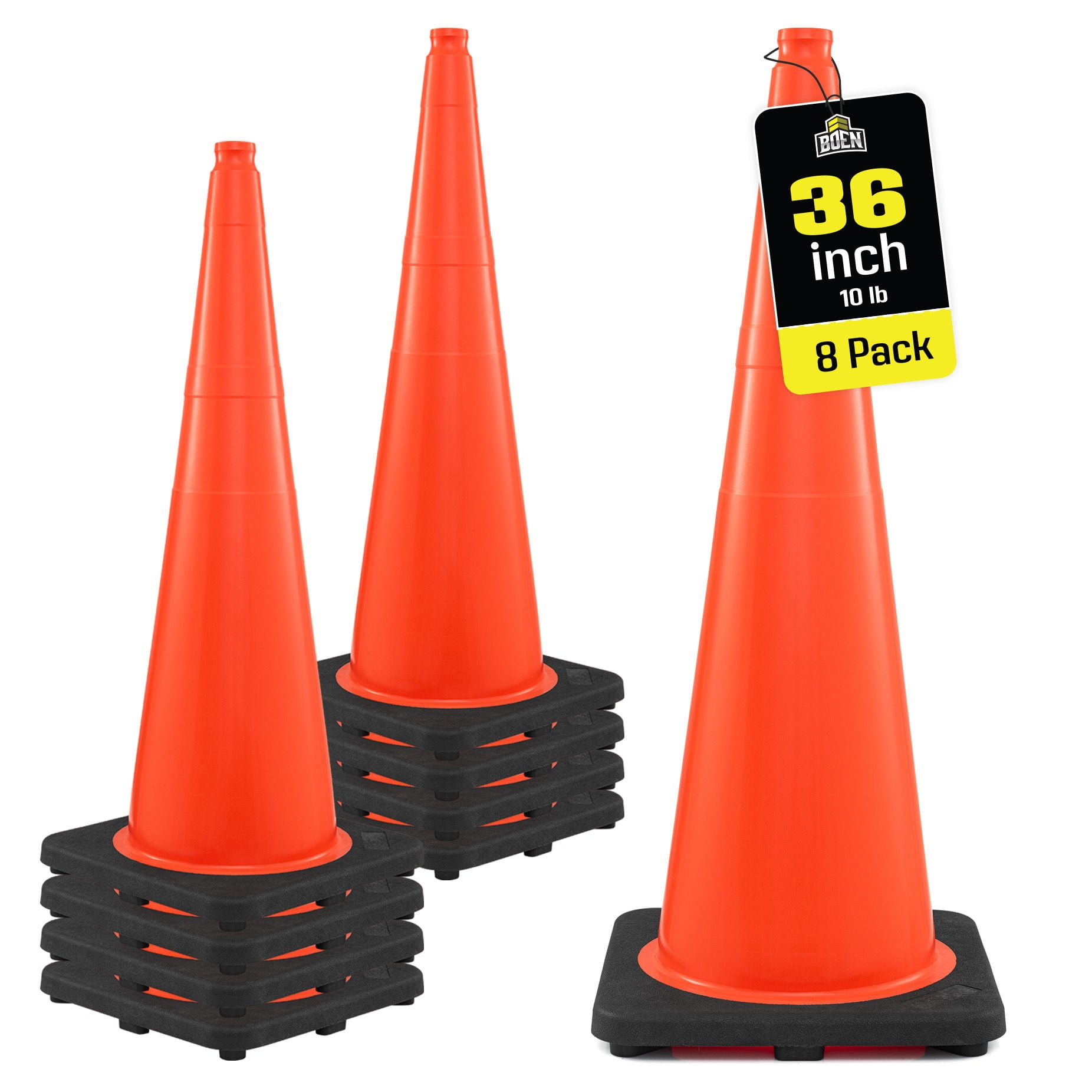 BOEN 36 in Orange Non-Reflective Traffic Cones, 10 lb Work Zone Safety, 8 Pack