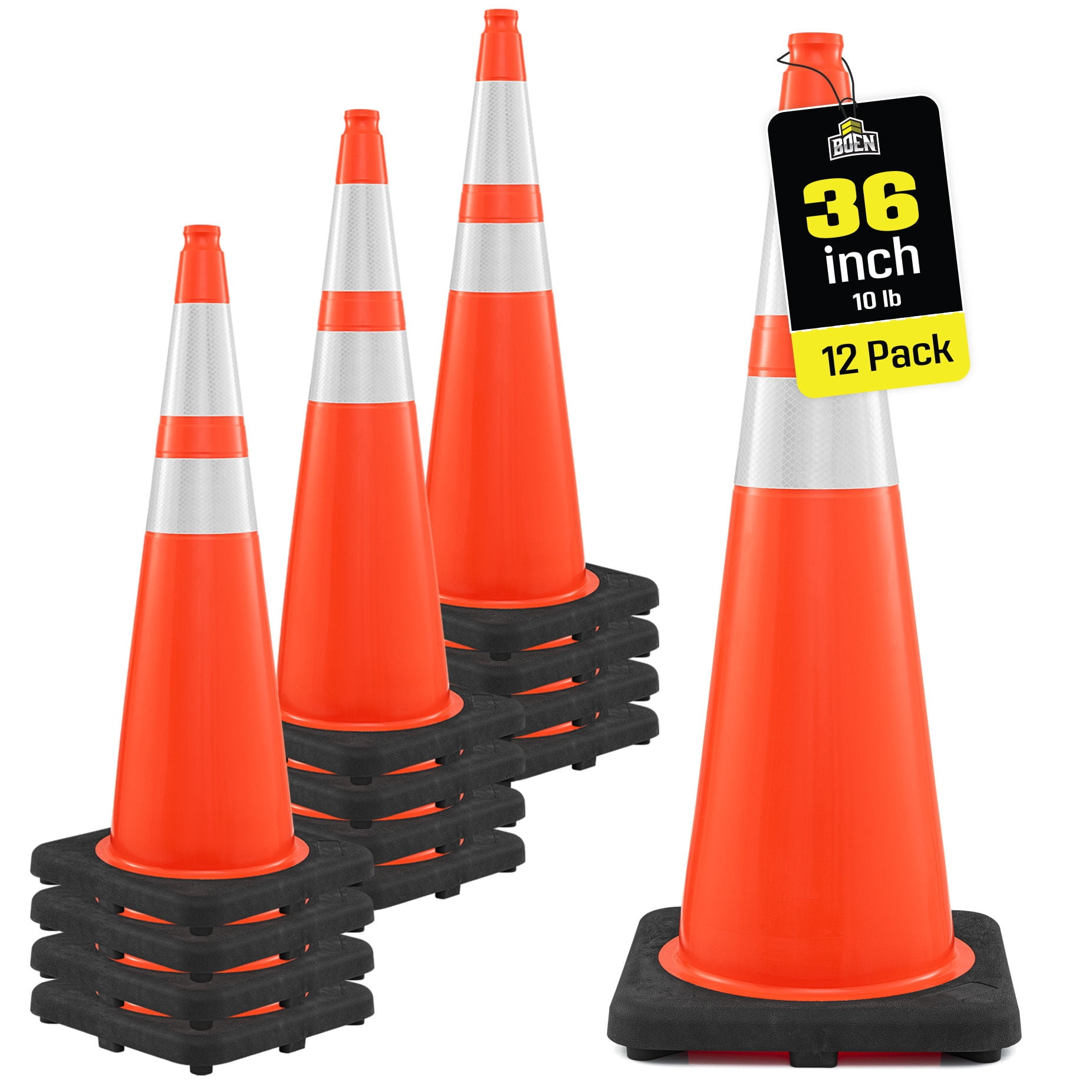 BOEN 36 in Orange Reflective Traffic Cone, 10 lb DOT MUTCD Road Safety, 12 Pack Case