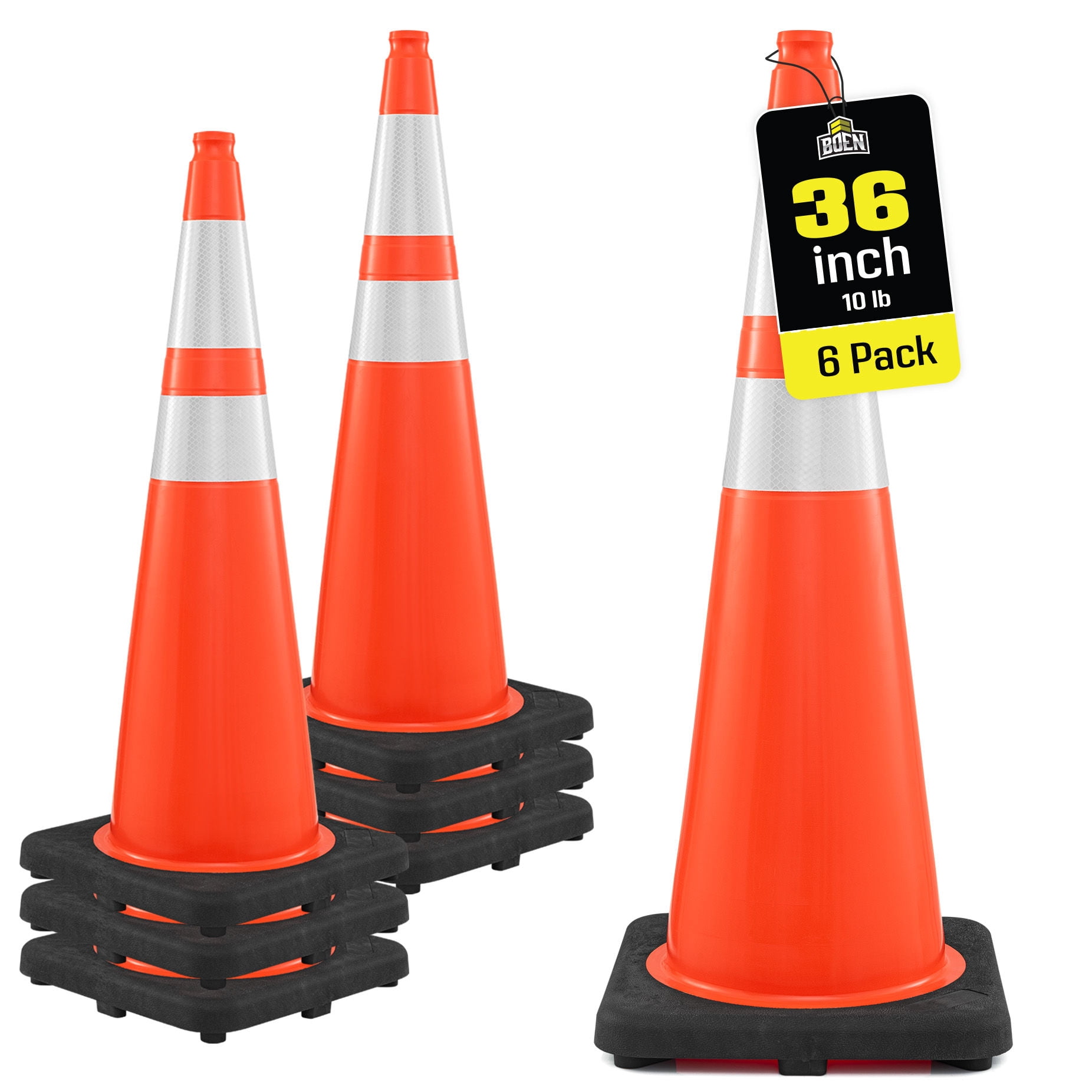 BOEN 36 in Orange Reflective Traffic Cones, 10 lb DOT MUTCD Road Safety, 6 Pack