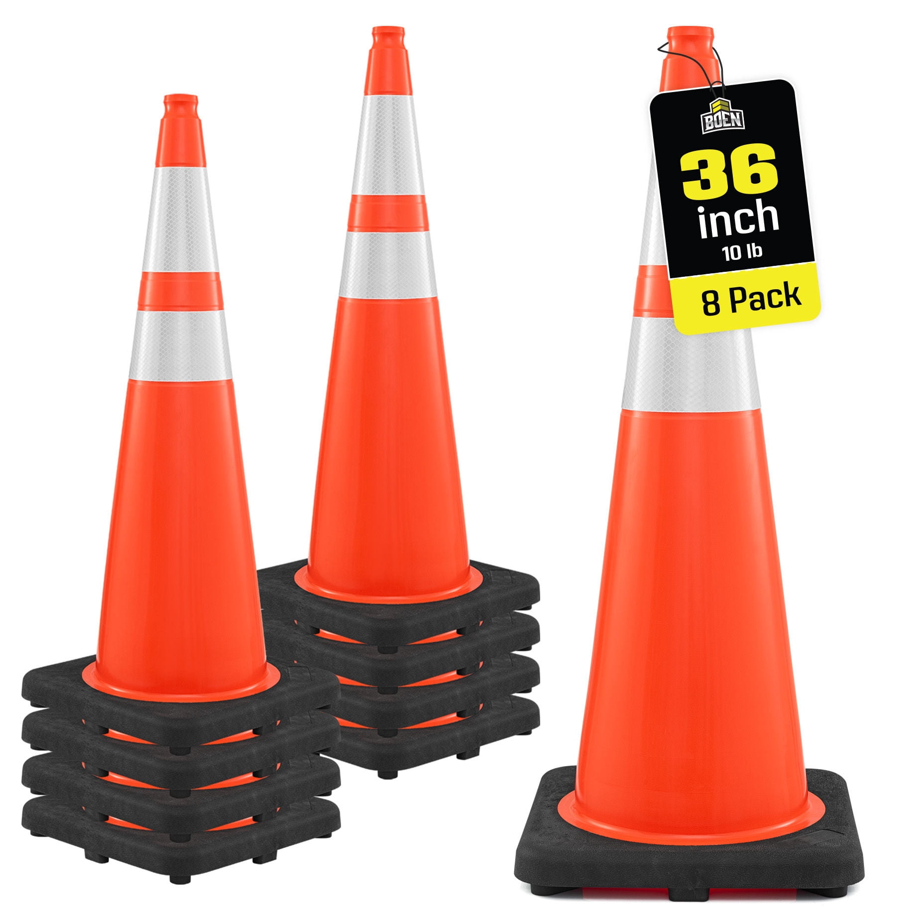 BOEN 36 in Orange Reflective Traffic Cones, 10 lb DOT MUTCD Road Safety, 8 Pack