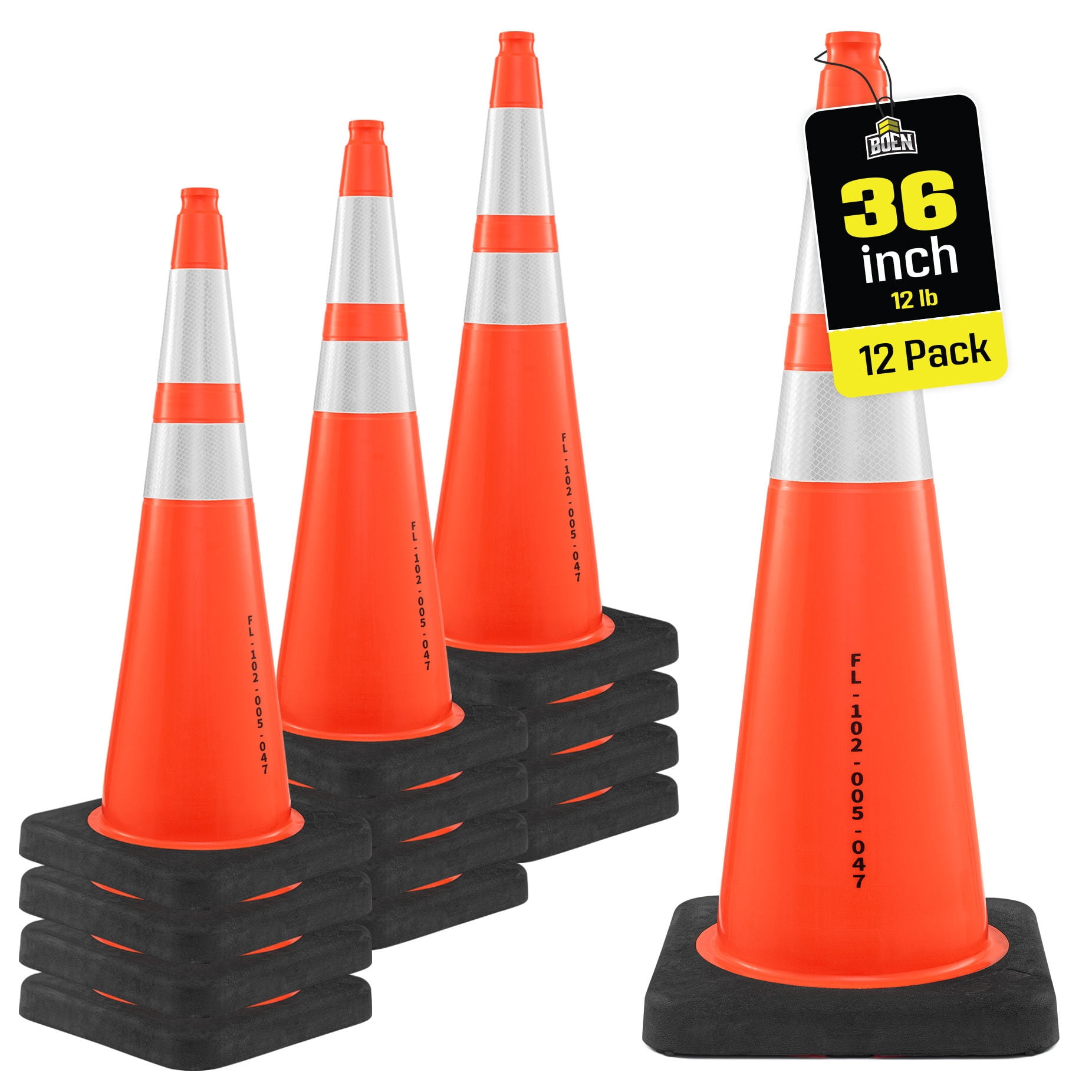 BOEN 36 in Orange Reflective Traffic Cones, 12 lb Florida DOT Safety, 12 Pack