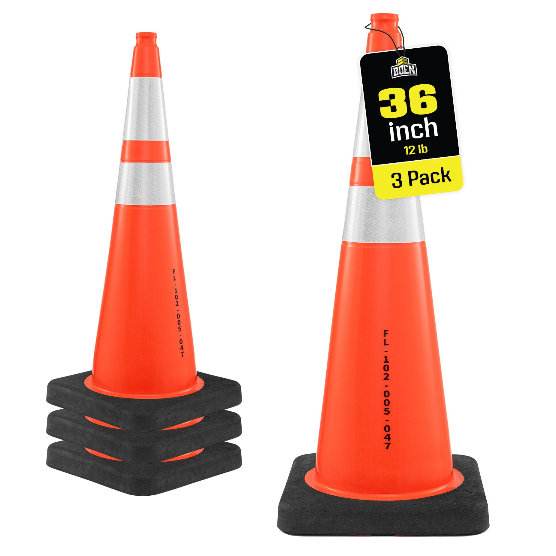 BOEN 36 in Orange Reflective Traffic Cones, 12 lb Florida DOT Safety, 3 Pack