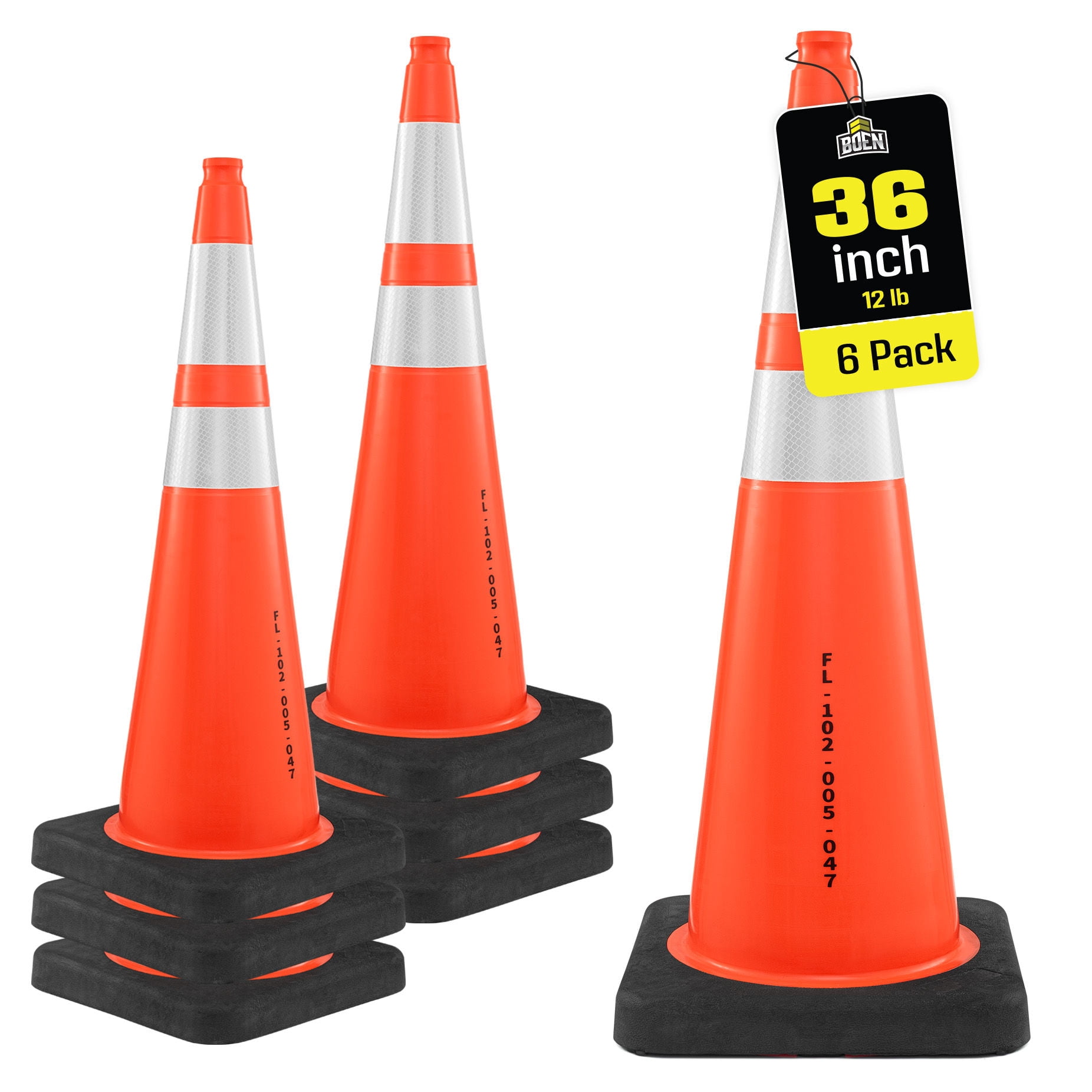 BOEN 36 in Orange Reflective Traffic Cones, 12 lb Florida DOT Safety, 6 Pack