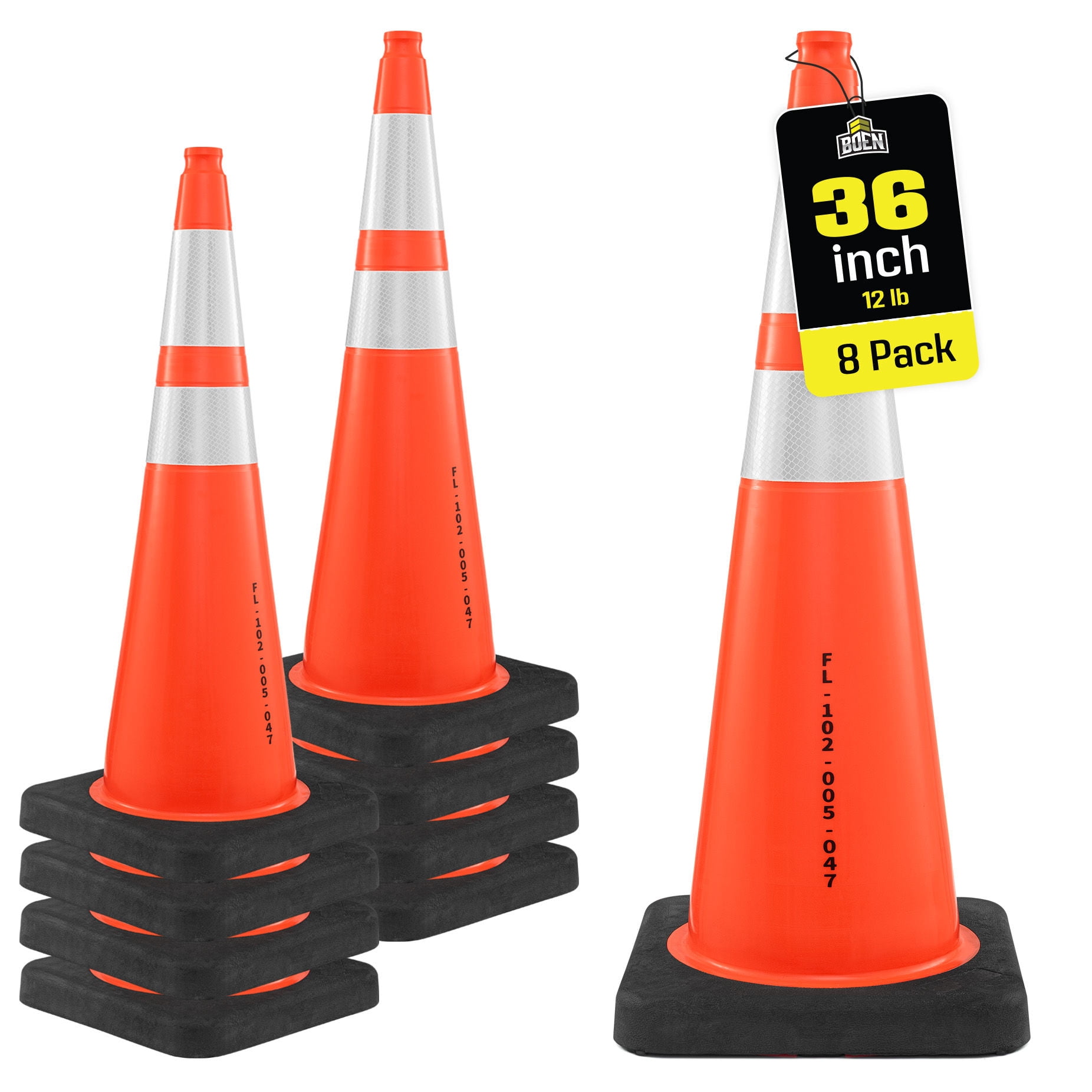 BOEN 36 in Orange Reflective Traffic Cones, 12 lb Florida DOT Safety, 8 Pack
