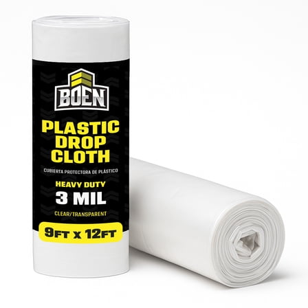 BOEN 9 ft x 12 ft Plastic Drop Cloth, 3 Mil Thick, Waterproof, Disposable