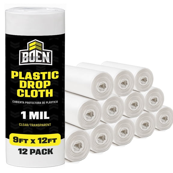 BOEN 9x12 Plastic Drop Cloth – 12-pack 1 Mil Painters Plastic Sheeting Roll – Waterproof Dust & Paint Cover for Furniture, Floors, Moving & Window Insulation – Disposable Tarp for Home Renovation