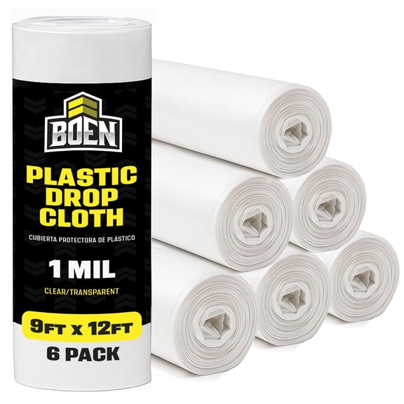 BOEN 9x12 Plastic Drop Cloth – 6-Pack 1 Mil Painters Plastic Sheeting Roll – Waterproof Paint Cover for Furniture, Floor, Window & Dust Protection – Disposable Plastic Tarp for Painting & Renovation