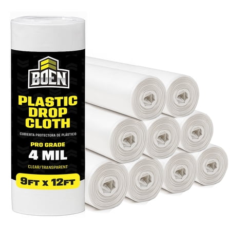 BOEN 9x12 Plastic Drop Cloth – 9-pack 4 Mil Painters Plastic Sheeting Roll – Waterproof Disposable Tarp for Painting, Furniture, Dust Protection & Window Insulation – Contractor-Grade Bulk Case