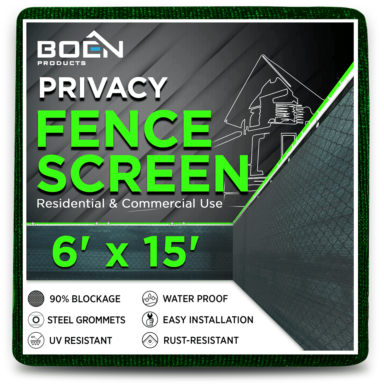 Green Polyethylene Privacy Fence Screen with Steel Grommets, 6' x 15'