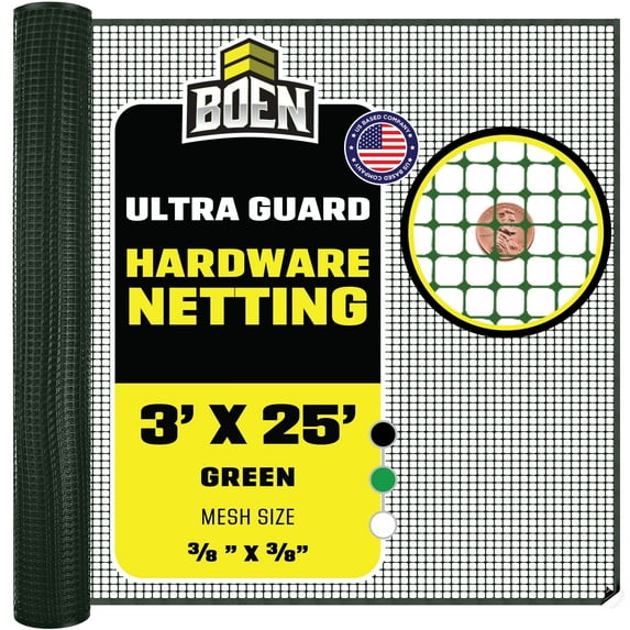BOEN Plastic Mesh Hardware Netting, Tree Guard Barrier from Rabbits, Deer and Rodents, Deck Guard, Indoor or Outdoor Balcony Safety Net for pet or Child (3' x 25', Green)
