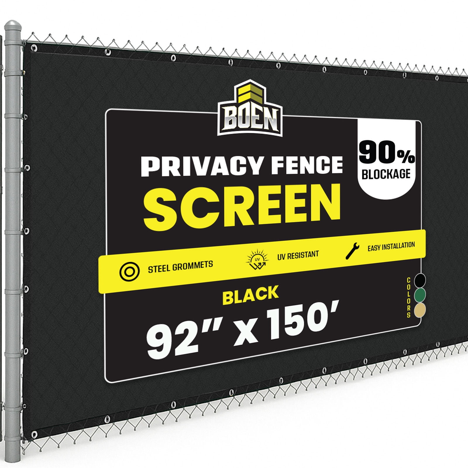 BOEN Privacy Fence Screen Netting, 92 in x 150 ft, Black, Reinforced Grommets, Construction Fence Screen