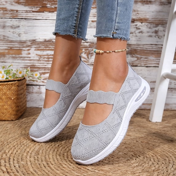 BOERTEU Women Hollow Knit Mary Jane Walking Flats, Wavy Elastic Strap Slip On Casual Shoes, Lightweight Non Slip Platform Daily Sneakers