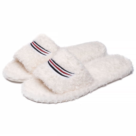 BOERTEU Women Striped Embroidered Fuzzy Open Toe House Slippers