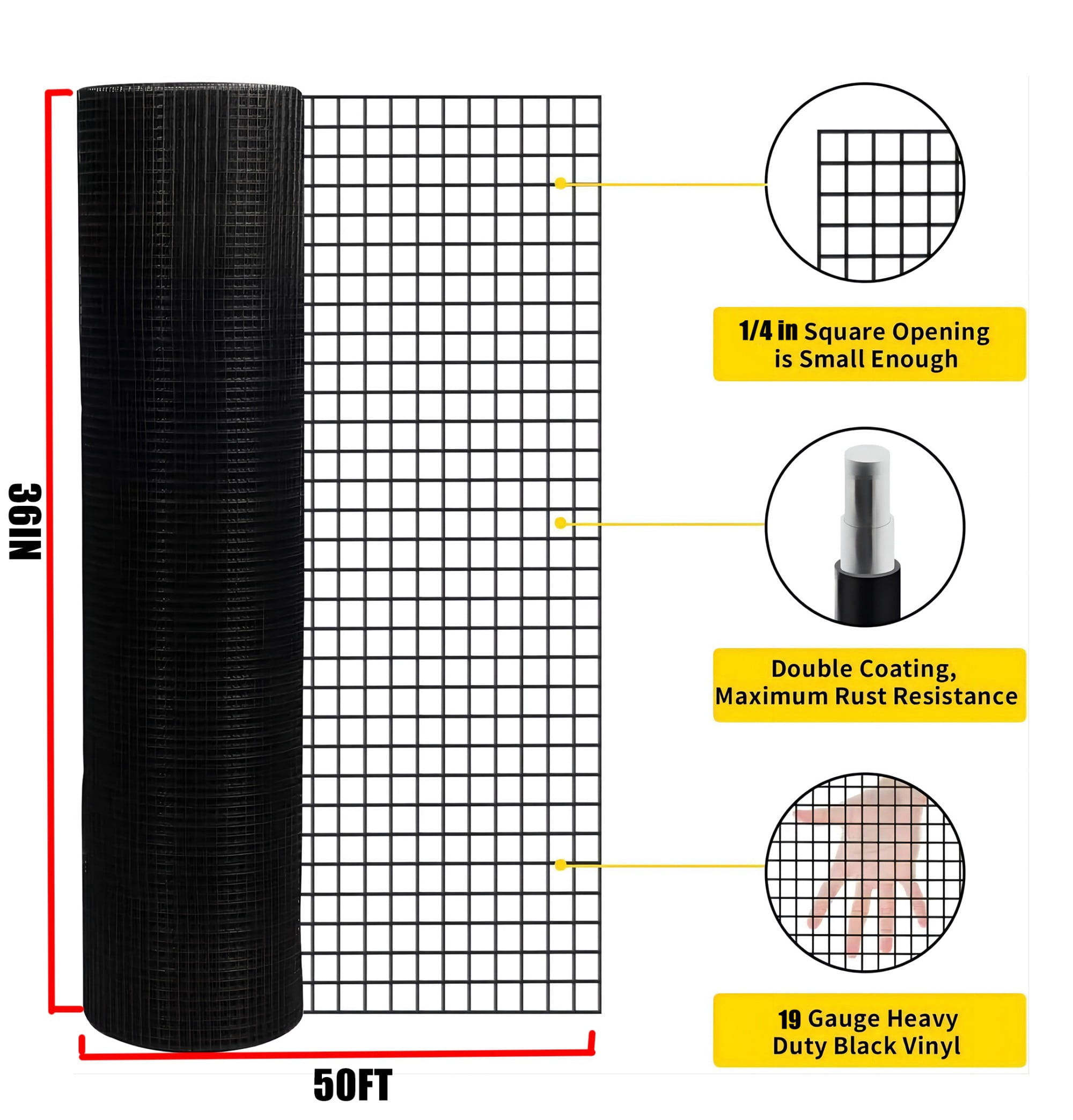 BOFANG 1/4 inch Mesh Hardware Cloth Roll, 36"x 50 Ft Black Vinyl Coated for Ultimate Chicken Coop & Rabbit Cage Protection