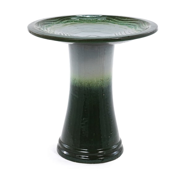 BOFANG 17" Ceramic Bird Bath, Modern Blue Gray Glazed Outdoor Pedestal Birdbath