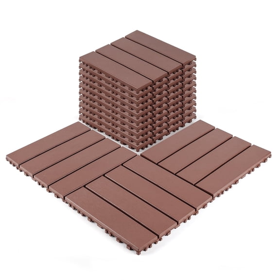 BOFANG 44-Pack Brown Stripe Deck Tiles for Pool & Patio, Plastic Interlocking Flooring