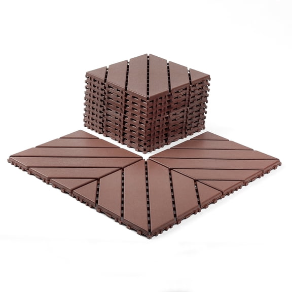 BOFANG 44-Pack Brown Twill Stripe Deck Tiles for Pool & Patio, Plastic Interlocking Flooring
