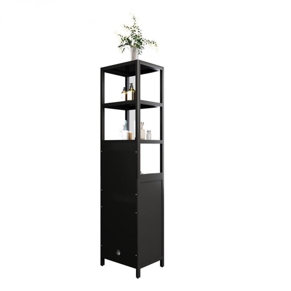 BOFANG 64.7" Tall Black Bamboo Cabinet with Shutter Door, 3-Tier Storage Organizer