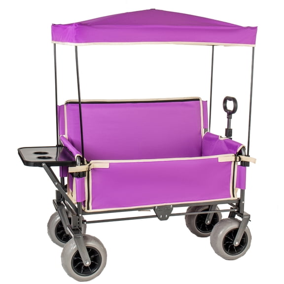 BOFANG All-Terrain Folding Wagon Cart 3-in-1 with Bench, Canopy, and Table, 500lbs Heavy Duty for Garden, Fishing,Purple