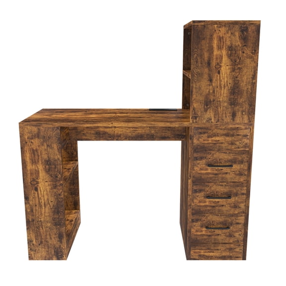 BOFANG Computer Desk with 4-in-1 Socket & 4-Tier Storage Shelves