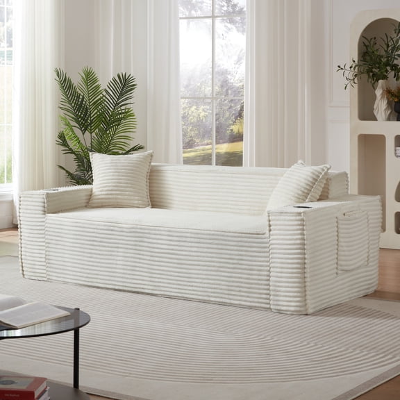 BOFANG Corduroy 3-Seater Sofa, No Tools Assembly, Plush Compact Couch for Small Spaces,White